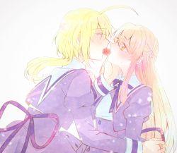 Rule 34 | 2girls, ahoge, amano soraha, assault lily, black ribbon, blonde hair, blue eyes, blush, buttons, cropped jacket, eating, egawa kusumi, face-to-face, flower, food, food in mouth, from side, fruit, gradient background, grey background, hair flower, hair ornament, hand on another&#039;s cheek, hand on another&#039;s chest, hand on another&#039;s face, hand up, high-waist skirt, highres, jewelry, juliet sleeves, leaning forward, light particles, long hair, long sleeves, low ponytail, mouth hold, multiple girls, neck ribbon, open mouth, ponytail, profile, puffy sleeves, ribbon, ring, school uniform, shared food, shirt, sidelocks, skirt, sorato (astllatte), strawberry, sweatdrop, upper body, very long hair, white background, white shirt, yellow eyes, yuri, yurigaoka girls academy school uniform