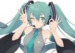 Rule 34 | 1girl, aqua eyes, aqua hair, bare shoulders, dated, detached sleeves, hair ornament, hatsune miku, hayashi kewi, long hair, long sleeves, looking at viewer, necktie, ok sign, one eye closed, open mouth, shirt, solo, tattoo, twintails, upper body, very long hair, vocaloid, wide sleeves