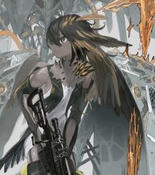 Rule 34 | 1girl, bird girl, black bridal gauntlets, black hair, black vest, bridal gauntlets, brown feathers, closed mouth, clothing cutout, cropped, crystal, dark-skinned female, dark skin, dress, feather hair, feathered wings, feathers, full body, grey eyes, gun, holding, holding gun, holding weapon, looking away, looking to the side, original, rifle, short dress, sleeveless, sleeveless dress, sniper rifle, solo, standing, toriseka, vest, weapon, white dress, wing armor, wings