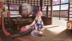 Rule 34 | 3girls, absurdres, animal ears, architecture, artist name, banner, black legwear, blouse, cherry blossoms, crossed bangs, dated, day, detached sleeves, earrings, east asian architecture, fox ears, fox mask, fox tail, genshin impact, hair between eyes, hair ornament, hand on another&#039;s stomach, highres, interior, japanese clothes, jewelry, kimono, kitsune saiguu, lantern, lap pillow, long hair, looking at another, lying, mask, miko, mirror, mirror image, multiple girls, obi, on side, paper lantern, petals, pink hair, pond, purple hair, purple kimono, raiden shogun, reflection, sash, scenery, seiza, shirt, short hair, sitting, sleeping, smile, table, tail, thighhighs, thighs, tree, v-von, very long hair, vision (genshin impact), white hair, white shirt, wooden floor, yae miko