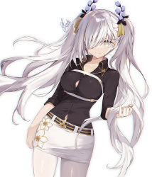 Rule 34 | 1girl, alternate costume, black shirt, commentary request, cowboy shot, dutch angle, floral print, flower, flower knight girl, grey hair, hair flower, hair ornament, hair over one eye, long hair, long sleeves, looking at viewer, pantyhose, satsuki misuzu, shirt, signature, simple background, smile, solo, tatsutasou (flower knight girl), twintails, white background, white pantyhose, yellow eyes