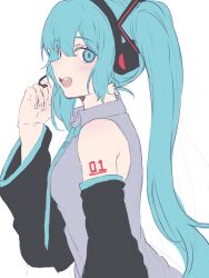 Rule 34 | 1girl, aqua eyes, aqua hair, aqua necktie, bare shoulders, black sleeves, commentary, detached sleeves, grey shirt, hand up, hatsune miku, headphones, headset, heremia, highres, long hair, looking at viewer, necktie, number tattoo, open mouth, shirt, shoulder tattoo, solo, symbol-only commentary, tattoo, teeth, twintails, upper body, upper teeth only, very long hair, vocaloid, white background