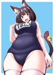 Rule 34 | animal ears, azur lane, bell, black hair, blush, bob cut, cat ears, cat tail, fang, from below, highres, kantai collection, name tag, nokoppa, old school swimsuit, one-piece swimsuit, open mouth, red eyes, school swimsuit, short hair, solo, swimsuit, tail, tail bell, tail ornament, thighhighs, thighs, white thighhighs, wide hips, yamashiro (azur lane), yamashiro (kancolle), yamashiro (summer offensive?) (azur lane)