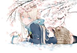 Rule 34 | 1girl, animal, black thighhighs, blazer, blue eyes, blue jacket, blue scarf, branch, breath, brown skirt, cherry blossoms, closed eyes, commentary request, flower, jacket, light brown hair, long hair, long sleeves, looking at viewer, looking to the side, lying, miwano rag, on stomach, original, parted lips, petals, pink flower, rabbit, scarf, school uniform, skirt, solo, thighhighs, very long hair