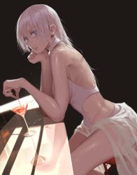 Rule 34 | 1girl, bar stool, bare shoulders, blue eyes, breasts, choker, cup, dishwasher1910, drinking glass, hair down, highres, long hair, medium breasts, muscular, parted lips, realistic, reflection, rwby, scar, scar across eye, scar on face, simple background, sitting, solo, stool, sweat, weiss schnee, wet, white hair