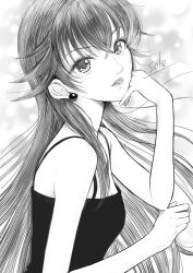 Rule 34 | 1girl, akira ferrari, aria (manga), bare shoulders, breasts, cleavage, commentary request, crossed bangs, dress, earrings, eyelashes, from side, greyscale, hands up, head tilt, highres, jewelry, lips, long hair, looking at viewer, monochrome, parted lips, sidelocks, sketch, sleeveless, sleeveless dress, small breasts, solo, telaform, upper body