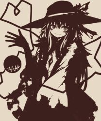 Rule 34 | 1girl, bags under eyes, black gloves, black hat, blouse, bow, buttons, closed mouth, cowboy shot, diamond button, eyeball, frilled shirt collar, frilled sleeves, frills, gloves, hand up, hat, hat bow, hat ribbon, heart, heart of string, highres, komeiji koishi, light smile, long sleeves, looking at viewer, medium hair, monochrome, outstretched hand, reverinth, ribbon, sepia, shirt, skirt, solo, third eye, touhou, wavy hair, wavy mouth, wide sleeves