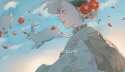 Rule 34 | 1girl, 2023, all nobori, artist name, blue sky, blush, closed eyes, falling petals, floral print kimono, flower, from side, grin, hair flower, hair ornament, highres, original, petals, pink lips, rabbit, short hair, sky, smile, solo, white background