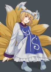 Rule 34 | 1girl, animal hat, blonde hair, blue footwear, breasts, dress, fox tail, grey background, hat, highres, kakone, large breasts, long sleeves, looking at viewer, mob cap, multiple tails, open mouth, red eyes, short hair, simple background, solo, tabard, tail, touhou, white dress, white hat, yakumo ran
