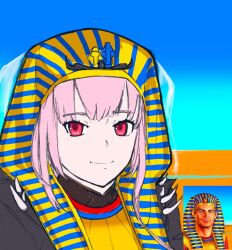 Rule 34 | 1girl, blue background, commentary, egyptian clothes, highres, hololive, hololive english, looking at viewer, massgrave art, meme, mori calliope, multicolored background, nemes, parody, pharaoh, pink hair, red eyes, reference inset, shoulder spikes, simple background, smile, solo, spikes, veil, virtual youtuber