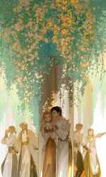 Rule 34 | 2girls, 4boys, against pillar, black eyes, black hair, closed mouth, coat, eye contact, facial hair, feet out of frame, finger to mouth, flower, forehead, green flower, highres, ibuki satsuki, index finger raised, light brown hair, long hair, long sleeves, looking at another, multiple boys, multiple girls, mustache, open clothes, open coat, original, outstretched arm, own hands together, pillar, plant, ponytail, profile, robe, short bangs, white coat, white robe, wide shot, yellow flower
