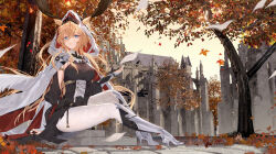 Rule 34 | 1girl, absurdres, animal ears, antlers, antlers through hood, architecture, arknights, arm support, armor, autumn leaves, black dress, blonde hair, blue eyes, breasts, cloak, commentary, deer antlers, deer ears, deer girl, dress, ears through hood, english commentary, full body, greaves, hand up, high heels, highres, hongbaise raw, hood, hooded cloak, horns, large breasts, leaf pile, long hair, looking at viewer, outdoors, pantyhose, paper, parted lips, stairs, tree, twisted torso, viviana (arknights), wavy hair, white cloak, white pantyhose