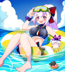 Rule 34 | .live, 1girl, absurdres, alternate costume, alternate hairstyle, blush, breasts, carro pino, commentary request, goggles, goggles on head, hair ribbon, highres, innertube, looking at viewer, medium breasts, ocean, open mouth, ponytail, purple eyes, purple hair, ribbon, rikuton, sky, solo, swim ring, virtual youtuber, water