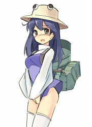 Rule 34 | 1girl, ahoge, black hair, blush, brown eyes, cosplay, covering privates, covering crotch, embarrassed, hat, kantai collection, long hair, long sleeves, looking away, looking to the side, machinery, moriya suwako, moriya suwako (cosplay), no panties, nose blush, open mouth, seo tatsuya, simple background, smokestack, solo, tears, thighhighs, touhou, ushio (kancolle), white background, white thighhighs