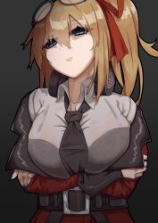 Rule 34 | 1girl, absurdres, blonde hair, blue eyes, breasts, dress shirt, girls&#039; frontline, glasses, griffin &amp; kryuger military uniform, highres, kalina (girls&#039; frontline), large breasts, looking at viewer, official alternate costume, rlin, see-through, shirt, side ponytail, solo, white shirt