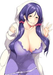 Rule 34 | 10s, 1girl, blush, breasts, cleavage, dress, covered erect nipples, green eyes, grin, hair over shoulder, hakai shin, highres, hood, hoodie, huge breasts, long hair, love live!, love live! school idol festival, love live! school idol project, nightgown, plump, purple hair, simple background, smile, solo, tojo nozomi, twintails, waving