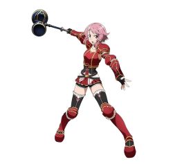 Rule 34 | 10s, 1girl, alternate costume, armor, armored boots, black shorts, black thighhighs, boots, collarbone, full body, hair ornament, hammer, highres, holding, holding weapon, lisbeth (sao), official art, open mouth, pauldrons, pink eyes, pink hair, short hair, short shorts, shorts, shoulder armor, simple background, solo, sword art online, sword art online: code register, thighhighs, weapon, white background