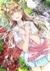 Rule 34 | 1girl, a song for you! you? you!, arm scrunchie, artist name, artist request, belt, blush, bokura no live kimi to no life, bow, breasts, brown eyes, brown hair, collarbone, dress, female focus, flower, grass, grey hair, hair bow, hair flower, hair ornament, hair rings, highres, holding, holding clothes, holding dress, light brown hair, long hair, looking at viewer, love live!, love live! school idol festival, love live! school idol project, minami kotori, miniskirt, neckerchief, parted lips, pink neckerchief, pink scrunchie, plaid, plaid skirt, pleated, pleated skirt, ponytail, sailor collar, scrunchie, shirt, short sleeves, side ponytail, skirt, smile, solo, sunny day song, takenokodomo, white belt, white bow, white flower, white sailor collar, white shirt, white skirt, wonderful rush, yellow eyes