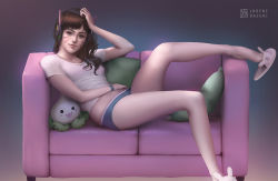 Rule 34 | &gt;:3, 1girl, :3, animal print, artist name, blue shorts, breasts, brown eyes, brown hair, closed mouth, collarbone, commentary, couch, d.va (overwatch), eyelashes, feet, full body, gradient background, hand on own head, hand on own stomach, hand up, headphones, highres, leg up, lips, long hair, looking at viewer, lorenz basuki, nose, overwatch, overwatch 1, pachimari, pillow, rabbit print, shirt, shoe dangle, short shorts, shorts, slippers, small breasts, smile, solo, stuffed animal, stuffed octopus, stuffed toy, v-shaped eyebrows, white shirt, wristband