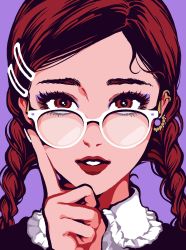 Rule 34 | 1girl, braid, brown eyes, brown hair, earrings, glasses, hair ornament, hairclip, hand up, highres, index finger raised, jewelry, long hair, looking at viewer, minillustration, original, parted lips, purple background, red lips, simple background, smile, solo, twin braids, white-framed eyewear