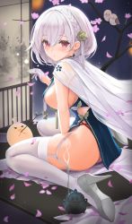 Rule 34 | 1girl, ahoge, alternate costume, ass, azur lane, between legs, bird, blush, braid, breasts, cape, cherry blossoms, chick, dress, eyelashes, from side, garter straps, gloves, grey footwear, hair between eyes, hair ornament, half gloves, hand between legs, hand up, high heels, highres, holding, large breasts, looking at viewer, manjuu (azur lane), nanam (nanam sk), no bra, parted lips, petals, pumps, red eyes, revealing clothes, see-through, sideboob, sirius (azur lane), sirius (azure horizons) (azur lane), sitting, skindentation, sparkle, thighhighs, thighs, tree, wariza, white cape, white gloves, white hair, white thighhighs