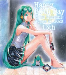 Rule 34 | 2girls, aqua eyes, aqua hair, aqua nails, aqua necktie, arm rest, bare arms, bare legs, bare shoulders, barefoot, black skirt, blush, breasts, character name, closed mouth, collared shirt, dated, english text, facing away, from side, full moon, green eyes, green hair, grey shirt, hair down, hair ornament, unworn hair ornament, happy birthday, hatsune miku, head rest, headphones, headset, highres, holding, knees up, long hair, looking at viewer, mayo riyo, mini person, minigirl, miniskirt, moon, multiple girls, nail polish, necktie, night, night sky, on floor, outstretched arm, pleated skirt, shirt, sitting, skirt, sky, sleeveless, sleeveless shirt, small breasts, smile, twintails, very long hair, vocaloid, wooden floor