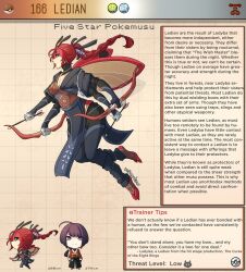 Rule 34 | 1boy, 1girl, antennae, arrow (projectile), blue eyes, bow (weapon), braid, character name, character profile, costume request, creatures (company), dual wielding, english text, extra arms, game freak, gen 2 pokemon, highres, holding, holding arrow, holding bow (weapon), holding weapon, kinkymation, ladybug girl, ledian, monster girl, nintendo, no pupils, personification, poke ball, poke ball (basic), pokemon, red hair, single braid, weapon