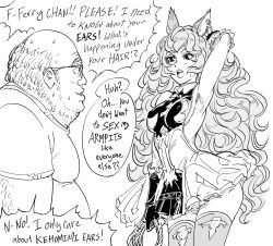 Rule 34 | 1boy, animal ears, armpits, bald, bb (baalbuddy), breasts, commentary, contrapposto, curly hair, dress, earrings, english commentary, english text, fat, fat man, ferry (granblue fantasy), granblue fantasy, greyscale, hand up, highres, holding, jewelry, long hair, medium breasts, monochrome, open mouth, original, otaku, presenting, shirt, short dress, short sleeves, simple background, sleeveless, sleeveless dress, sweatdrop, t-shirt, thighhighs, very long hair, whip, white background