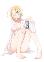 Rule 34 | 1girl, ahoge, barefoot, bathrobe, blonde hair, breasts, can, cleavage, collarbone, convenient censoring, feet, full body, green eyes, hatohane (tonnkotubird), head tilt, highres, legs, medium breasts, no bra, open clothes, original, short hair, simple background, sitting, solo, toes, white background