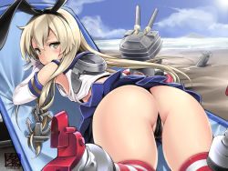 Rule 34 | 10s, 1girl, anchor, ass, black panties, blonde hair, blush, elbow gloves, gloves, green eyes, hair ornament, hairband, highres, kantai collection, lifebuoy, long hair, looking at viewer, lying, panties, pantyshot, partially visible vulva, personification, rakujin, rensouhou-chan, shimakaze (kancolle), skirt, solo, striped clothes, striped thighhighs, swim ring, thighhighs, thong, underwear, upskirt, white gloves