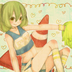 Rule 34 | 1girl, artist request, bad id, bad pixiv id, cabbage, character name, cheerleader, green eyes, green hair, heart, looking at viewer, matching hair/eyes, midriff, mizutamako, original, outline, personification, pleated shorts, pom pom (cheerleading), shorts, simple background, smile, socks, solo, text focus, traffic cone, translated