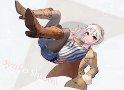 Rule 34 | 10s, 1girl, boots, brown eyes, character name, denim, denim shorts, gradient background, hand in pocket, idolmaster, idolmaster cinderella girls, jacket, pantyhose under shorts, looking at viewer, necktie, pantyhose, shiomi syuko, short hair, short shorts, shorts, smile, solo, striped, v, vertical stripes, white hair, yuura