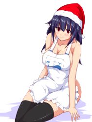 Rule 34 | 10s, 1girl, apron, bare arms, bare shoulders, black thighhighs, blue hair, blush, breasts, cleavage, cleavage cutout, clothing cutout, collarbone, hakuhou (ende der welt), hat, kantai collection, large breasts, long hair, naked apron, red eyes, santa hat, sideboob, sitting, smile, solo, taigei (kancolle), thighhighs, zettai ryouiki