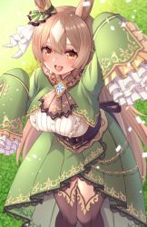 Rule 34 | 1girl, ako suke, animal ears, blush, bow, breasts, brooch, brown eyes, brown hair, center frills, dress, ear ornament, ear ribbon, frilled sleeves, frills, from above, gem (symbol), green dress, green ribbon, hair between eyes, half updo, highres, horse ears, horse girl, horse tail, jewelry, lace, lace-trimmed dress, lace trim, large breasts, long hair, looking at viewer, open mouth, orange eyes, ribbon, satono diamond (umamusume), sleeves past fingers, sleeves past wrists, smile, solo, tail, thighhighs, umamusume, zettai ryouiki