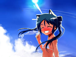 Rule 34 | 00s, 1girl, animal ears, bikini, black hair, blush, cat ears, closed eyes, cloud, day, fang, flat chest, francesca lucchini, grin, happy, long hair, panties, puinyu, sky, smile, solo, strike witches, striped bikini, striped clothes, striped panties, swimsuit, twintails, underwear, world witches series
