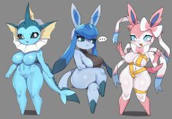 Rule 34 | ..., 3girls, :&lt;, :3, absurdres, animal ears, animal feet, aqua sclera, arms at sides, bare shoulders, barefoot, black leotard, black sclera, blue fur, blue hair, blue sclera, blue skin, blush, body fur, bow, bowtie, breasts, bugita, cameltoe, cetacean tail, closed mouth, colored sclera, colored skin, completely nude, creatures (company), crossed legs, expressionless, fang, female focus, fins, fish girl, fish tail, full body, furry, furry female, game freak, gen 1 pokemon, gen 4 pokemon, gen 6 pokemon, glaceon, groin, hair bow, hands up, happy, head fins, highres, large breasts, legs, leotard, long hair, looking at viewer, looking to the side, multicolored hair, multiple girls, naked ribbon, navel, nintendo, nipples, no pussy, nude, open mouth, personification, pink bow, pink bowtie, pink fur, pokemon, pokemon (creature), ribbed leotard, ribbon, shiny skin, shortstack, sideboob, sidelocks, sitting, smile, speech bubble, spoken ellipsis, standing, stomach, sweat, sylveon, tail, thick thighs, thighs, twintails, two-tone fur, two-tone hair, v, vaporeon, w, white eyes, white fur, white ribbon, wide hips, yellow ribbon