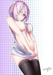 Rule 34 | 1girl, 2017, areola slip, artist name, backless dress, backless outfit, bare shoulders, breasts, closed mouth, clothes tug, covered erect nipples, cowboy shot, dated, drawstring, dress, eyes visible through hair, fate/grand order, fate (series), groin, hair between eyes, halterneck, large breasts, legs together, looking at viewer, mash kyrielight, meme attire, midriff, naked sweater, navel, no bra, purple dress, purple eyes, purple hair, purple sweater, ribbed sweater, short hair, signature, sleeveless, sleeveless turtleneck, solo, stomach, sweater, sweater dress, sweater tug, turtleneck, turtleneck sweater, twitter username, urio yusuke, virgin killer sweater, wardrobe error