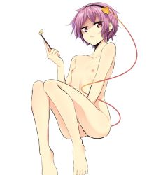 Rule 34 | 1girl, arai togami, barefoot, black hairband, breasts, closed eyes, commentary request, covering crotch, covering privates, hairband, heart, highres, kiseru, knees together feet apart, komeiji satori, looking at viewer, nipples, nude, purple hair, red eyes, short hair, simple background, sitting, small breasts, smoking pipe, solo, touhou, white background