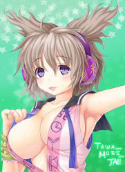 Rule 34 | 1girl, armpits, asamura hiori, bracelet, breasts, brown hair, cleavage, female focus, headphones, highres, jewelry, large breasts, no bra, open mouth, purple eyes, smile, solo, star (symbol), sweat, touhou, toyosatomimi no miko, upper body