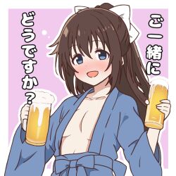 1girl alcohol beer beer_mug blue_eyes blue_kimono blush bow breasts brown_hair collarbone cup hair_bow happy holding holding_cup japanese_clothes kimono long_hair looking_at_viewer love_live! love_live!_nijigasaki_high_school_idol_club mug mukiriyokubato no_bra open_clothes open_kimono osaka_shizuku pink_background ponytail small_breasts smile