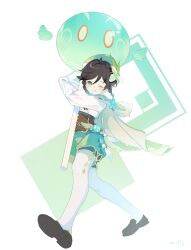 Rule 34 | 1boy, ;q, absurdres, beret, black hair, blue eyes, blue hair, braid, brown footwear, cape, collared cape, corset, flower, frilled sleeves, frills, genshin impact, gradient hair, green cape, green hat, green shorts, hat, hat flower, highres, loafers, male focus, midly (albertineanja), multicolored hair, one eye closed, pantyhose, shirt, shoes, short hair with long locks, shorts, slime (genshin impact), solo, tongue, tongue out, twin braids, venti (genshin impact), white flower, white shirt
