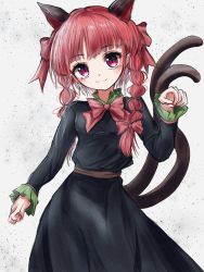 Rule 34 | 1girl, animal ears, bad id, bad pixiv id, bow, braid, breasts, cat ears, cat tail, closed mouth, contrapposto, cowboy shot, dress, extra ears, grey dress, hair bow, hair ribbon, hand up, highres, kaenbyou rin, kayon (touzoku), light particles, long hair, long sleeves, looking at viewer, multiple tails, nail polish, nekomata, paw pose, pointy ears, red bow, red eyes, red hair, red nails, ribbon, simple background, slit pupils, small breasts, smile, solo, tail, touhou, tress ribbon, twin braids, twintails, two tails, white background