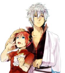 Rule 34 | 1boy, 1girl, aqua eyes, blue eyes, bun cover, burger, china dress, chinese clothes, double bun, dress, eating, food, food on face, gintama, hair bun, hand in own hair, hand on another&#039;s head, holding, japanese clothes, kagura (gintama), looking up, red eyes, red hair, sakata gintoki, shirou (j00630), short hair, simple background, tongue, white background, white hair