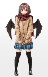 Rule 34 | 1girl, absurdres, alternate costume, amagi (amagi626), black footwear, black thighhighs, black wings, blue skirt, blush, brown eyes, brown hair, brown jacket, cardigan, commentary request, contemporary, feathered wings, full body, gradient background, grey background, hair between eyes, hands in pockets, hat, highres, jacket, loafers, long sleeves, looking at viewer, miniskirt, plaid, plaid scarf, plaid skirt, pleated skirt, red scarf, scarf, school uniform, shameimaru aya, shirt, shoes, skirt, smile, solo, standing, thighhighs, thighs, tokin hat, touhou, white background, white shirt, wings, zettai ryouiki