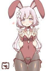 Rule 34 | 1girl, animal ears, artist name, assault lily, bare shoulders, blush, breasts, brown pantyhose, cleavage, clothing cutout, collarbone, commentary request, covered navel, cowboy shot, detached collar, double v, fake animal ears, flower, gochisousama (tanin050), groin, hair flower, hair ornament, hands up, heart, heart cutout, highres, kanba student council defense team member a, leotard, looking at viewer, low twintails, medium breasts, necktie, panties, panties over pantyhose, pantyhose, parted lips, playboy bunny, purple eyes, purple hair, rabbit ears, raised eyebrows, red leotard, red panties, short necktie, side-tie panties, side cutout, simple background, solo, standing, strapless, strapless leotard, string panties, sweatdrop, thigh gap, twintails, underwear, v, white background, white flower, white necktie