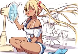 Rule 34 | 2girls, :d, ^ ^, bare shoulders, bikini tan, blend s, blonde hair, blue shorts, blush, breasts, cleavage, closed eyes, coffee table, collarbone, collared shirt, commentary request, crop top, crossed legs, cup, drinking glass, electric fan, fan speaking, fanning face, fanning self, flower, hair between eyes, hair flower, hair ornament, hinata kaho, hiraga matsuri, hoshikawa mafuyu, ice, ice cube, jitome, long hair, long sleeves, looking at another, medium breasts, multiple girls, off shoulder, open mouth, shirt, short hair, short shorts, short sleeves, shorts, sideways mouth, sitting, smile, strap slip, sweat, table, tan, tanline, tied shirt, twintails, very long hair, white shirt