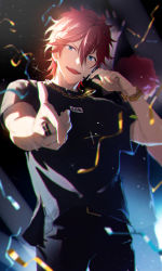 Rule 34 | 1boy, absurdres, amagi rinne, black pants, black shirt, blue eyes, blurry, blurry background, blush, bracelet, chain, chain necklace, chromatic aberration, commentary request, confetti, cowboy shot, earrings, ensemble stars!, hand up, highres, jewelry, looking at viewer, male focus, necklace, omegu, open mouth, pants, pointing, pointing at viewer, red hair, shirt, short hair, smile, solo, stage, sweat, t-shirt, teeth, thumb ring, upper teeth only