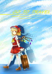 Rule 34 | 1girl, alternate headwear, ascot, blonde hair, boki god, bow, english text, female focus, flandre scarlet, hair bow, hat, highres, luggage, puffy sleeves, red eyes, rolling suitcase, short hair, short sleeves, solo, suitcase, touhou, wings, wrist cuffs