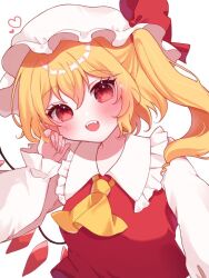 Rule 34 | 1girl, blonde hair, cowboy shot, crystal, dress, fangs, flandre scarlet, hand up, hat, medium hair, open mouth, red dress, red eyes, red ribbon, ribbon, side ponytail, simple background, siomi 403, solo, touhou, white background
