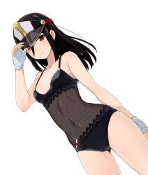 Rule 34 | 1girl, black hair, black hat, black one-piece swimsuit, breasts, brown eyes, collarbone, commentary, covered navel, fingerless gloves, fishnet swimsuit, gloves, hat, highres, long hair, looking at viewer, madanai (morisumeshi), military, military hat, military uniform, morag ladair (obligatory leave) (xenoblade), morag ladair (xenoblade), multicolored clothes, multicolored hat, navel, official alternate costume, one-piece swimsuit, red hat, see-through one-piece swimsuit, see-through swimsuit, short hair, simple background, small breasts, smile, sweat, swimsuit, uniform, visor cap, white background, white gloves, white hat, xenoblade chronicles (series), xenoblade chronicles 2